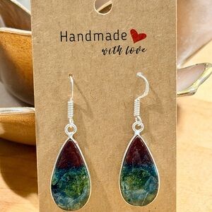 Beautiful Bloodstone Teardrop Earrings - 925 Plated/Stamped